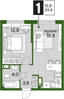 Продажа 1-комнатной квартиры 39,4 м², 13/16 этаж