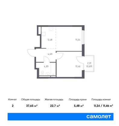 37,7 м², 2-комн. квартира, 17/17 этаж