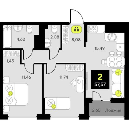 57,6 м², 2-комн. квартира, 18/23 этаж