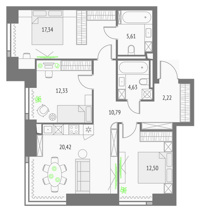 85,8 м², 3-комн. квартира, 35/57 этаж