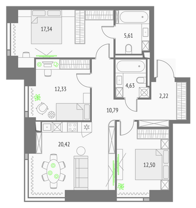 85,8 м², 3-комн. квартира, 38/57 этаж