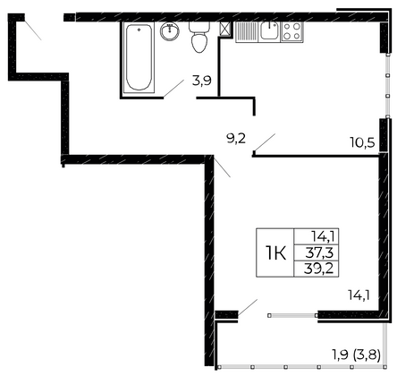 39,2 м², 1-комн. квартира, 8/18 этаж