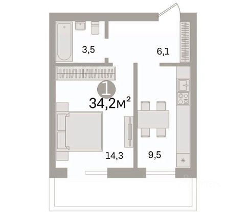 Продажа 1-комнатной квартиры 34,2 м², 5/9 этаж