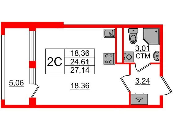 Продажа квартиры-студии 24,6 м², 2/4 этаж