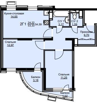 Продажа 2-комнатной квартиры 54,6 м², 12/17 этаж