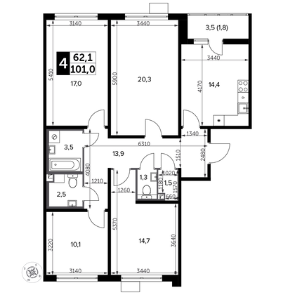 101,2 м², 4-комн. квартира, 16/23 этаж