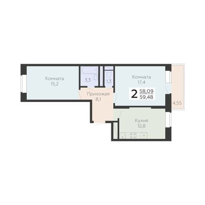 Продажа 2-комнатной квартиры 59,5 м², 3/22 этаж
