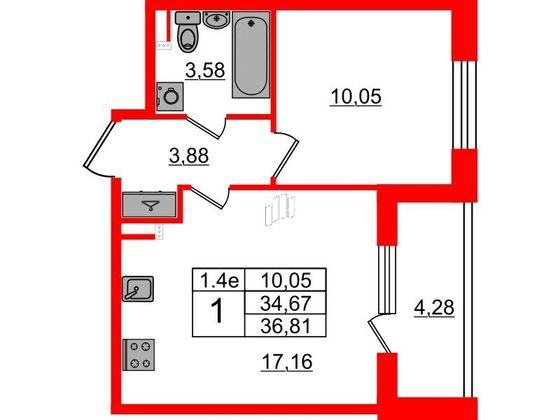 Продажа 1-комнатной квартиры 34,7 м², 2/5 этаж