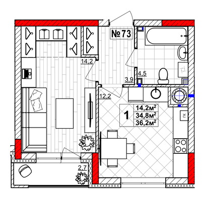 Продажа 1-комнатной квартиры 36,2 м², 1/4 этаж