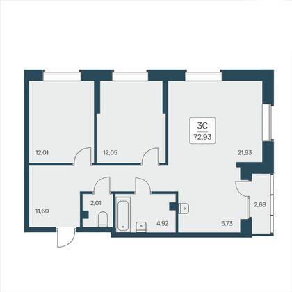 72,9 м², 3-комн. квартира, 2/25 этаж