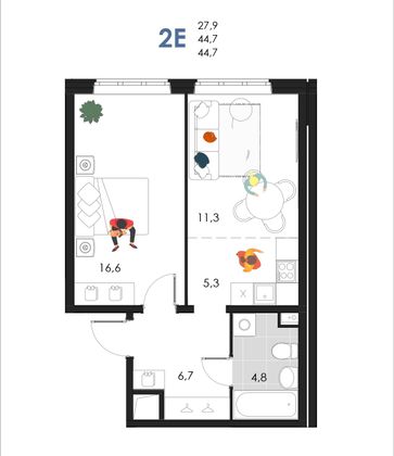 44,7 м², 2-комн. квартира, 1/6 этаж