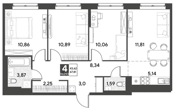 Продажа 4-комнатной квартиры 67,8 м², 14/25 этаж