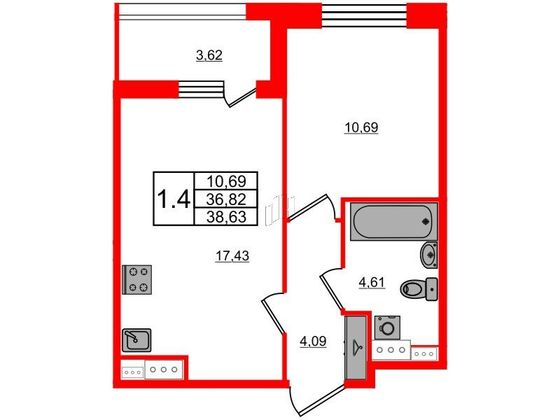 Продажа 1-комнатной квартиры 36,8 м², 10/12 этаж