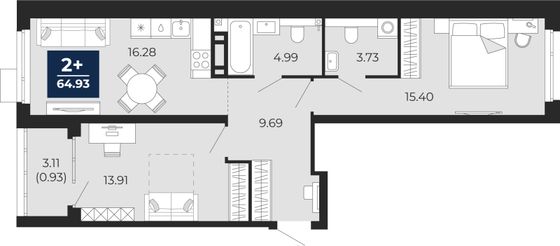 64,9 м², 2-комн. квартира, 2/14 этаж
