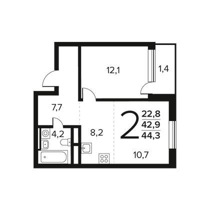 Продажа 2-комнатной квартиры 44,3 м², 2/11 этаж