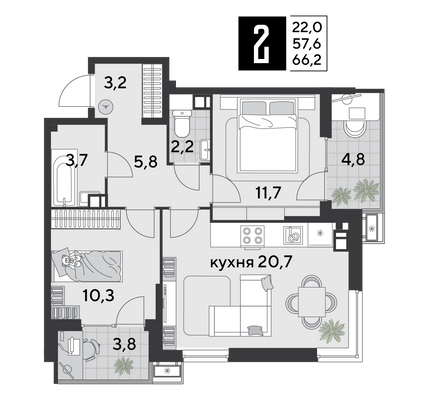 Продажа 2-комнатной квартиры 66,2 м², 6/18 этаж