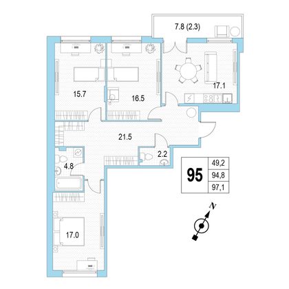 Продажа 3-комнатной квартиры 97,1 м², 4/4 этаж