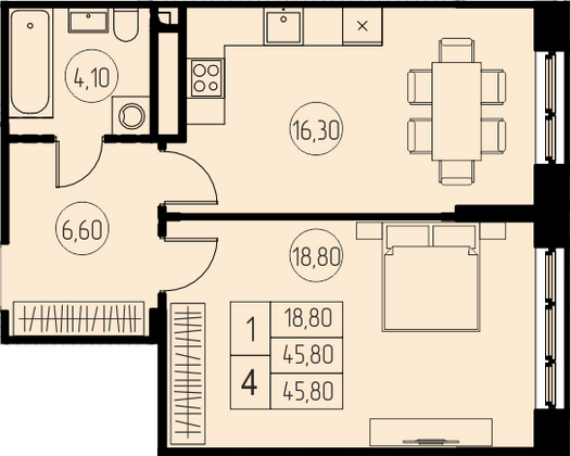 45,8 м², 1-комн. квартира, 6/18 этаж