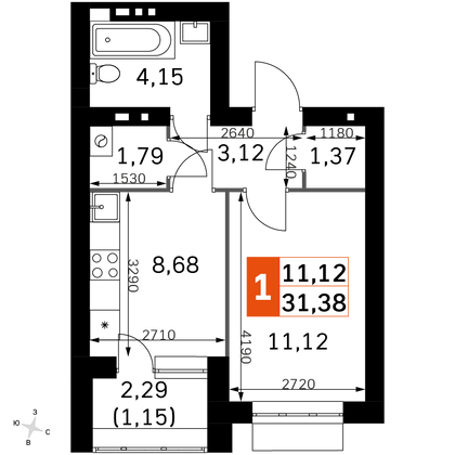 31,4 м², 1-комн. квартира, 2/4 этаж