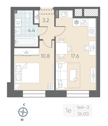 Продажа 1-комнатной квартиры 36 м², 2/10 этаж