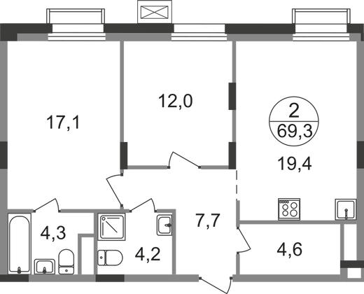 69,3 м², 2-комн. квартира, 6/9 этаж