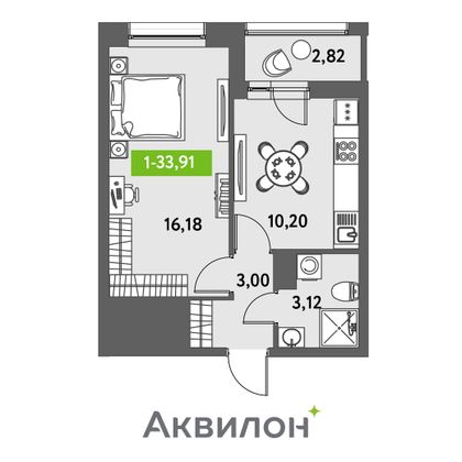 33,9 м², 1-комн. квартира, 12/12 этаж