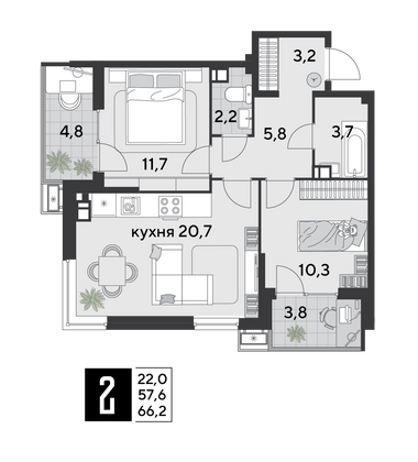 66,2 м², 2-комн. квартира, 5/18 этаж