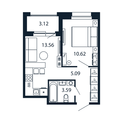 Продажа 1-комнатной квартиры 34,4 м², 3/12 этаж