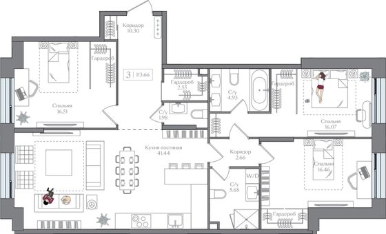 113,7 м², 3-комн. квартира, 6/10 этаж