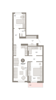 77,6 м², 3-комн. квартира, 6/9 этаж