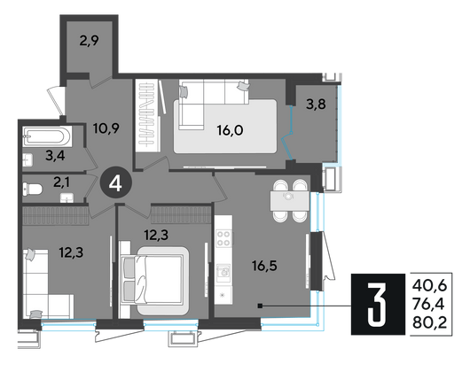 Продажа 3-комнатной квартиры 80,2 м², 2/18 этаж