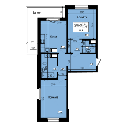 77,4 м², 2-комн. квартира, 14/23 этаж