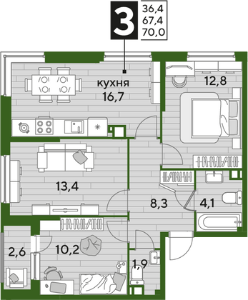 Продажа 3-комнатной квартиры 70 м², 7/19 этаж