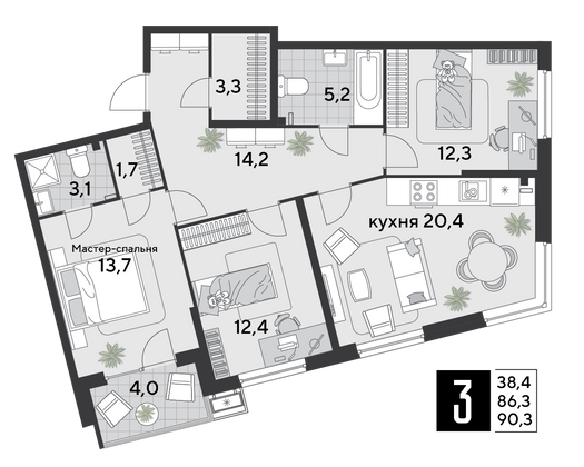 Продажа 3-комнатной квартиры 90,3 м², 2/18 этаж