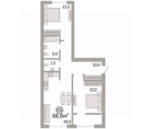 Продажа 2-комнатной квартиры 66,6 м², 6/9 этаж