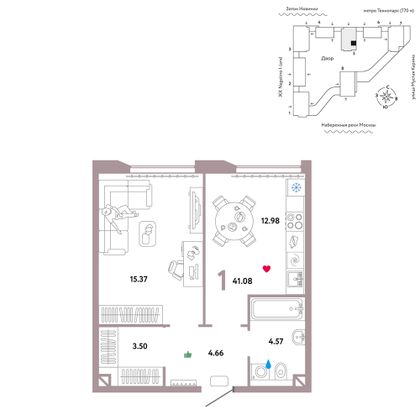 41,1 м², 1-комн. квартира, 8/20 этаж