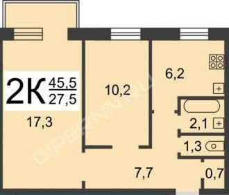 Продажа 2-комнатной квартиры 45,7 м², 3/9 этаж