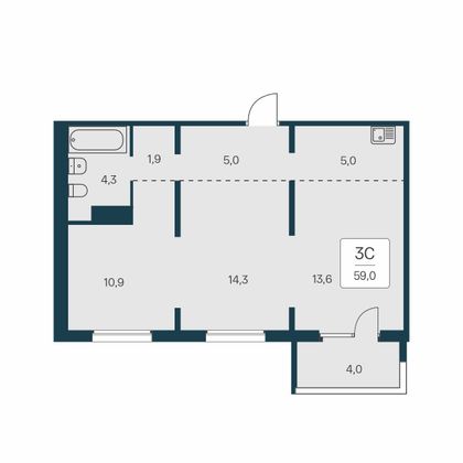 59 м², 3-комн. квартира, 4/17 этаж