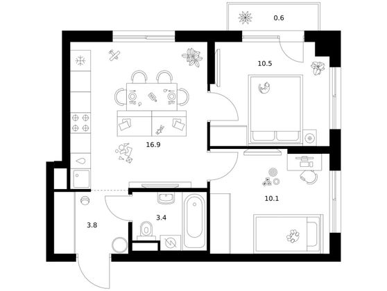 45,3 м², 2-комн. квартира, 7/14 этаж