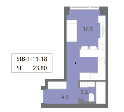 Продажа 1-комнатной квартиры 23,8 м², 16/52 этаж