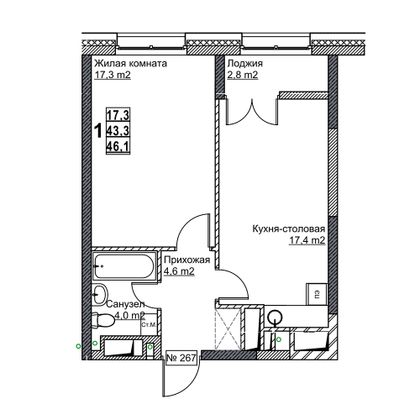 Продажа 1-комнатной квартиры 46,1 м², 16/24 этаж