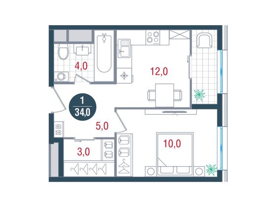 34 м², 1-комн. квартира, 24/32 этаж