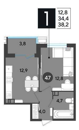 Продажа 1-комнатной квартиры 38,2 м², 6/18 этаж
