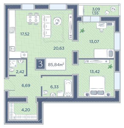 85,8 м², 3-комн. квартира, 18/18 этаж