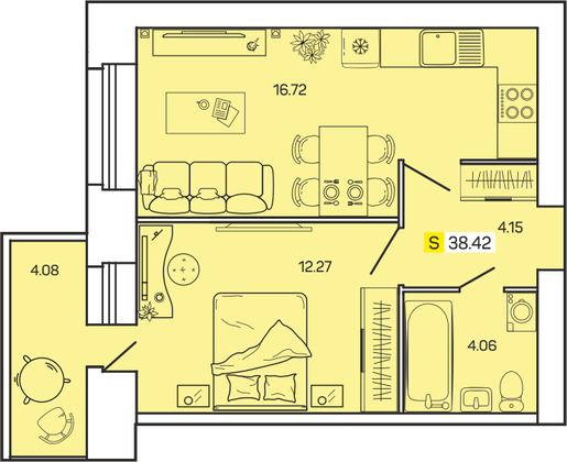 38,4 м², 1-комн. квартира, 6/12 этаж