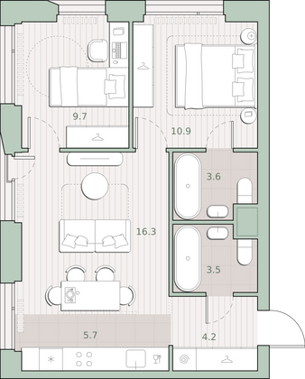 53,9 м², 2-комн. квартира, 6/27 этаж