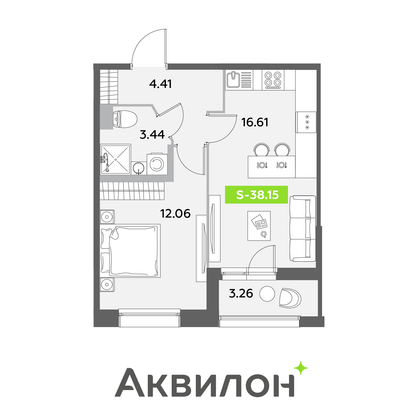 38,2 м², 1-комн. квартира, 7/12 этаж