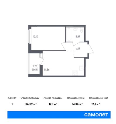 36,1 м², 1-комн. квартира, 7/23 этаж