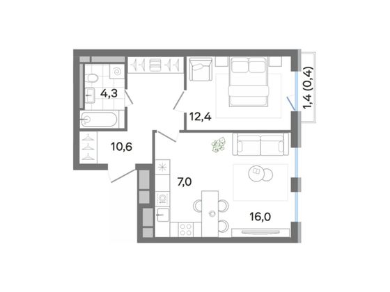 50,7 м², 2-комн. квартира, 2/4 этаж