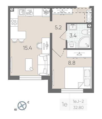 Продажа 1-комнатной квартиры 32,8 м², 2/19 этаж